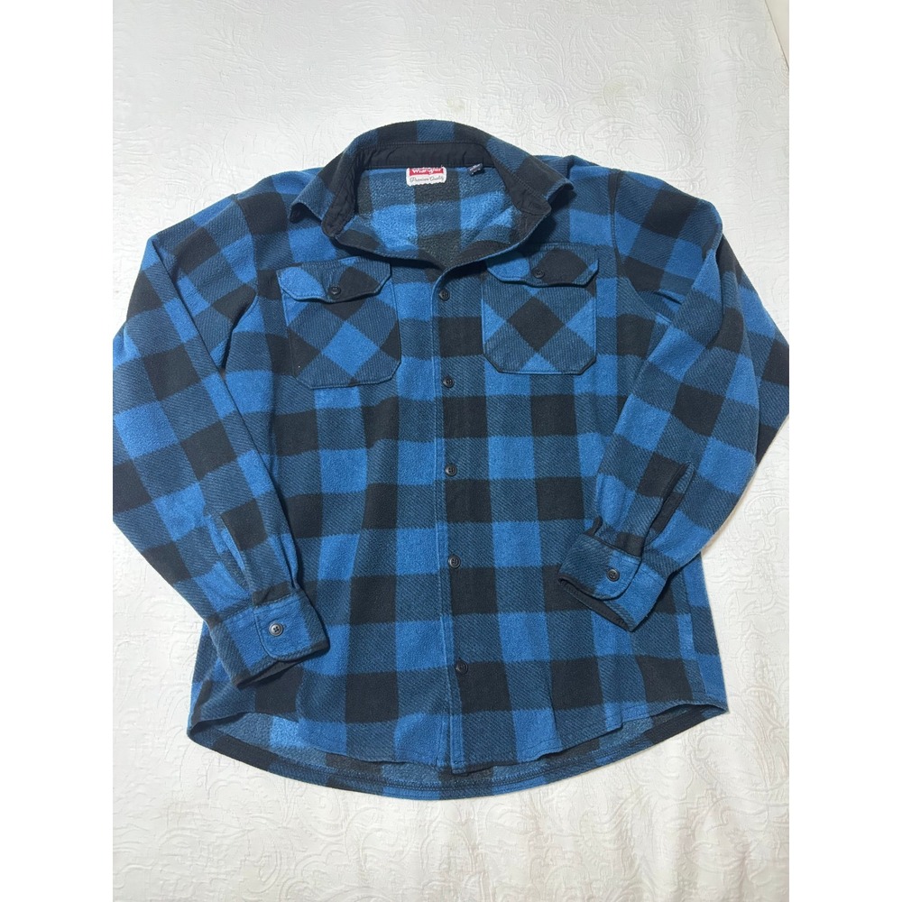 Wrangler Mens Blue Black Buffalo Plaid Fleece Shirt Jacket Medium Long Sleeve
